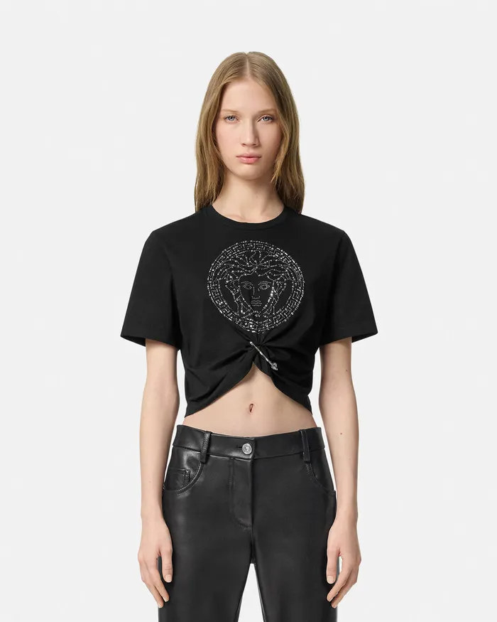 Versace TShirts and Sweatshirts Women Embellished Medusa Safety Pin Crop TShirt Black