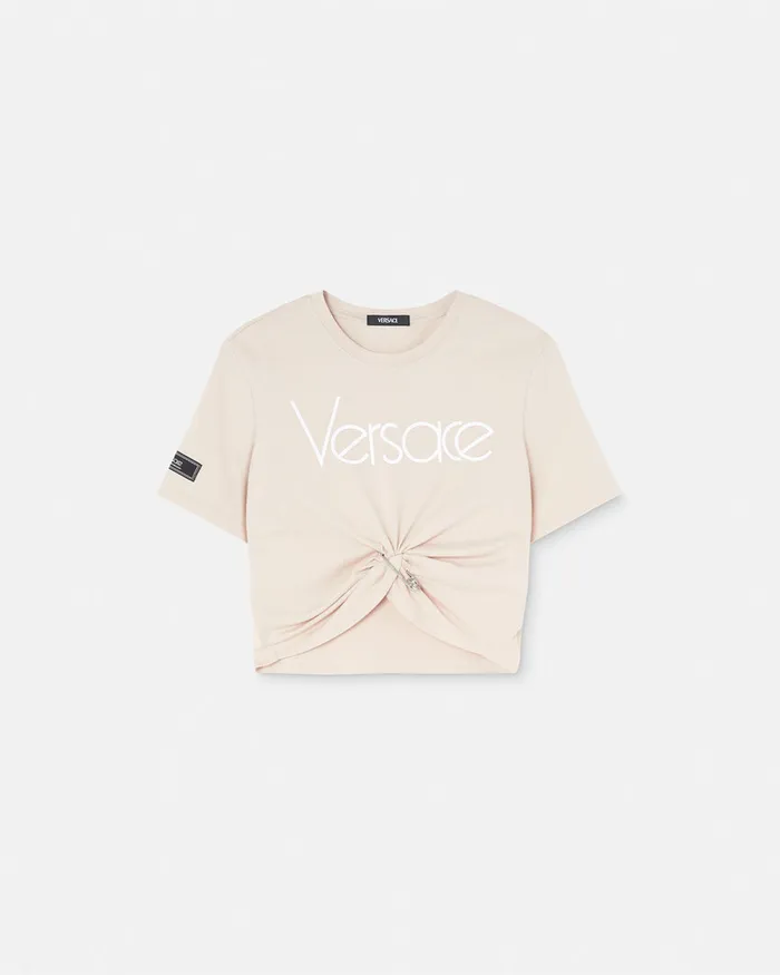 Versace TShirts and Sweatshirts Women Safety Pin Crop Logo TShirt Light Pink