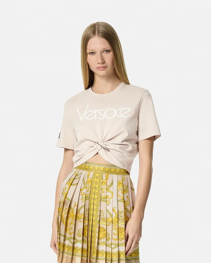 Versace TShirts and Sweatshirts Women Safety Pin Crop Logo TShirt Light Pink
