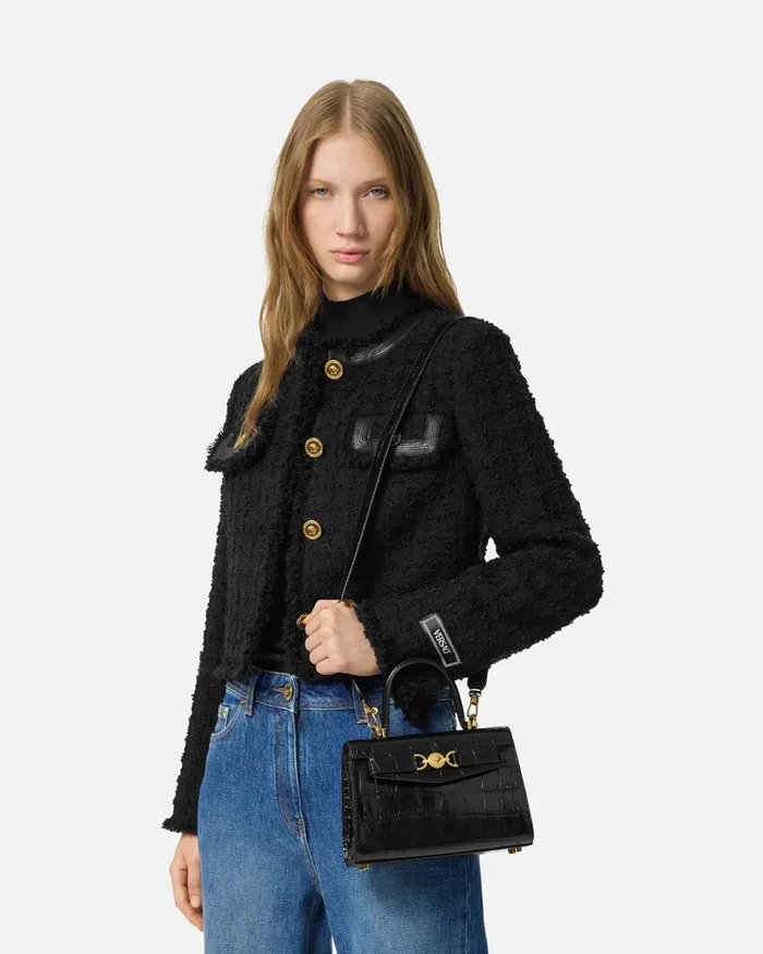 Versace Top Handle Women CrocEffect Medusa 03995 Small Handbag Blackgold