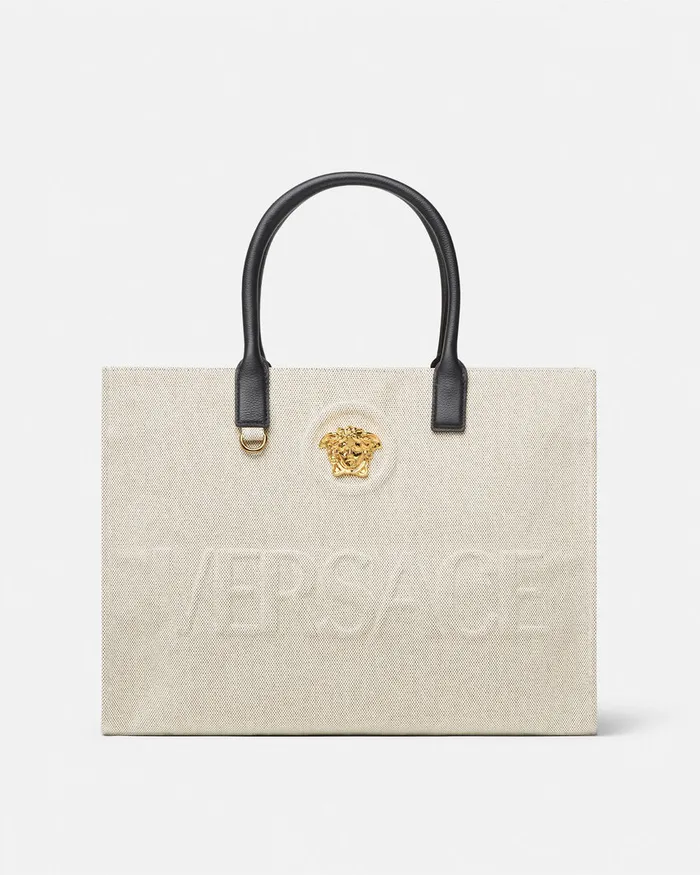 Versace Totes Women La Medusa Canvas Large Tote Bag Beige