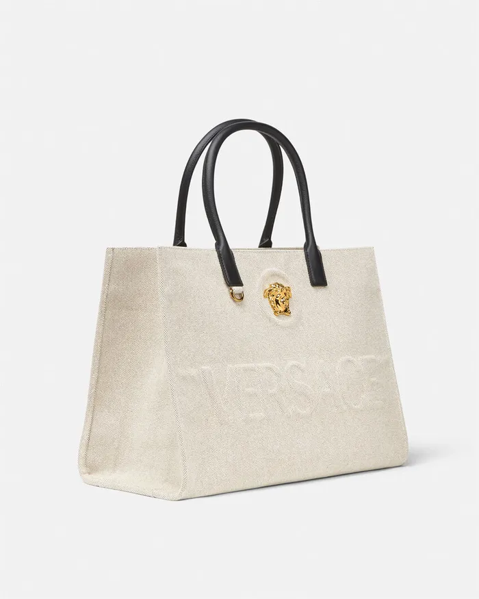 Versace Totes Women La Medusa Canvas Large Tote Bag Beige