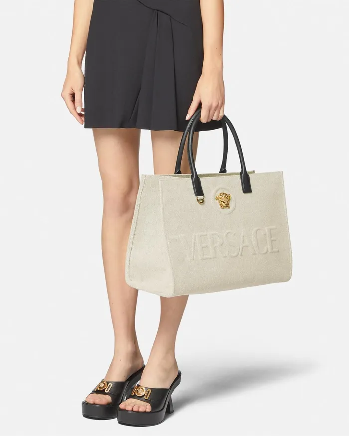 Versace Totes Women La Medusa Canvas Large Tote Bag Beige