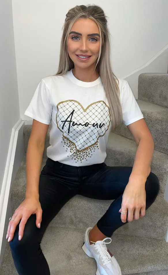 White 039Amour039 Heart Slogan TShirt Women Missfiga Tops