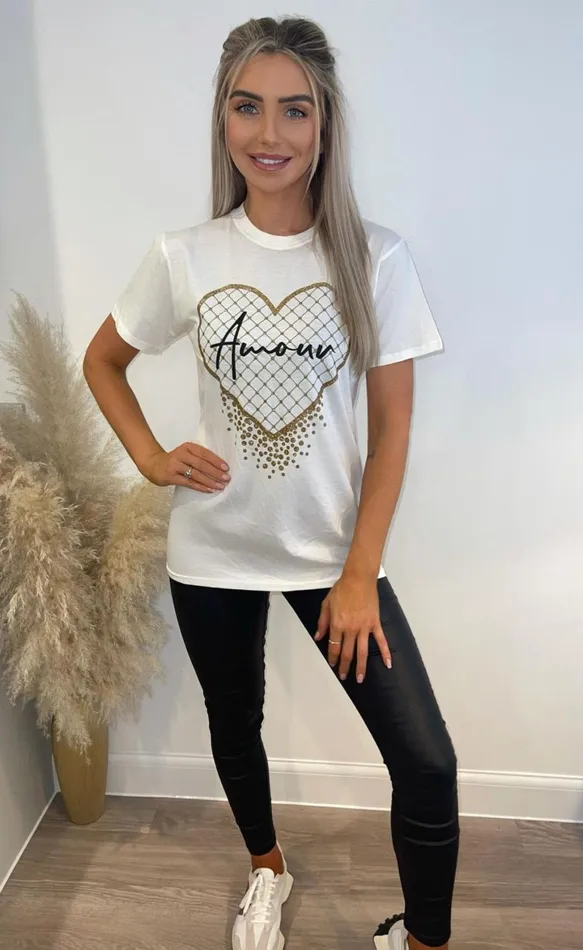 White 039Amour039 Heart Slogan TShirt Women Missfiga Tops White 039Amour039 Heart Slogan TShirt Women Missfiga Tops