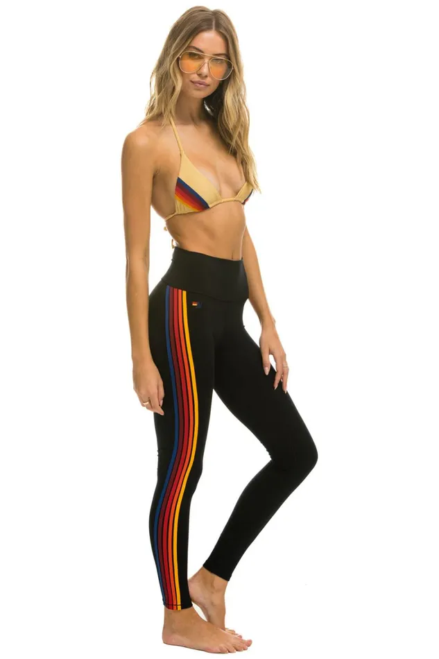 Women Activewear Aviator Nation FULL LENGTH HIRISE 5 STRIPE LEGGINGS 8211 BLACK