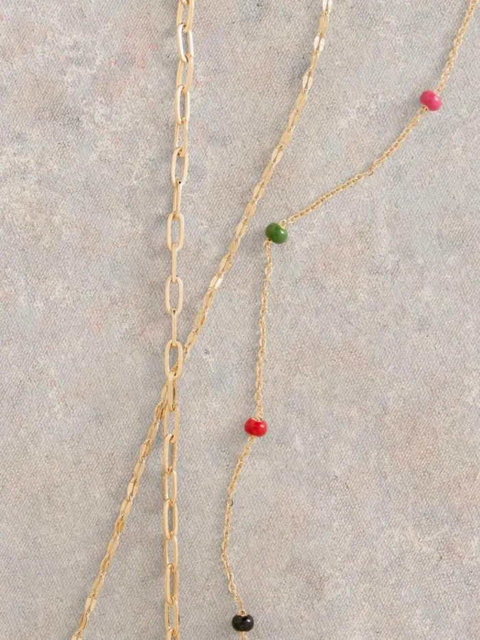 Women Beaded Multi Layer Necklace Gold Tone Metallic White Stuff Jewellery