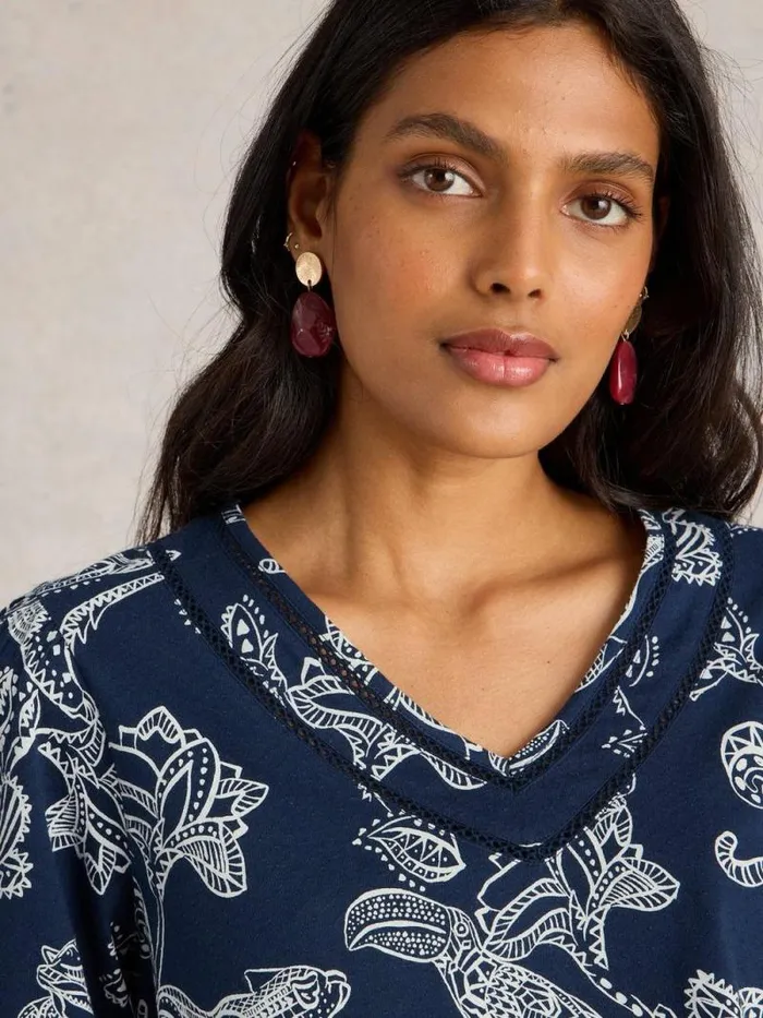 Women BETTY TIE HEM Navy Print White Stuff Tops and Tees
