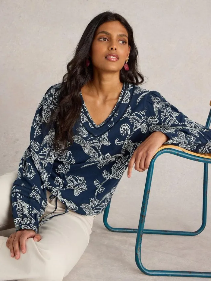 Women BETTY TIE HEM Navy Print White Stuff Tops and Tees Women BETTY TIE HEM Navy Print White Stuff Tops and Tees