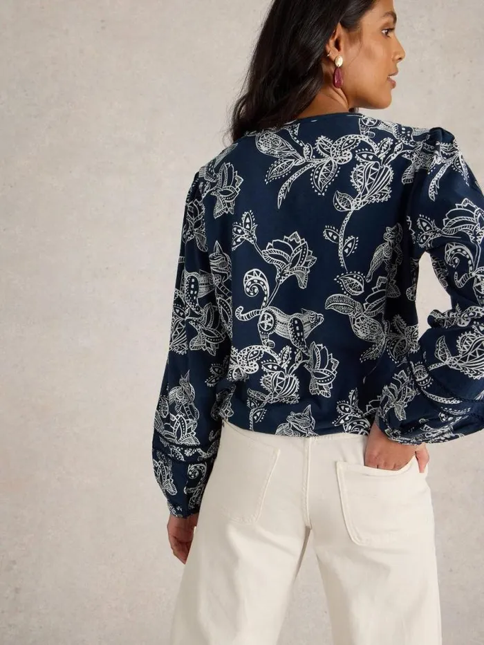 Women BETTY TIE HEM Navy Print White Stuff Tops and Tees Women BETTY TIE HEM Navy Print White Stuff Tops and Tees
