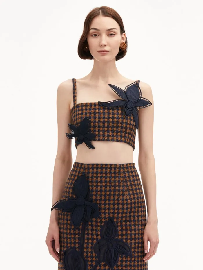 Women Blouses and Knits Oscar De La Renta Check Tweed Orchid Embroidered Top Cognac Navy Women Blouses and Knits Oscar De La Renta Check Tweed Orchid Embroidered Top Cognac Navy