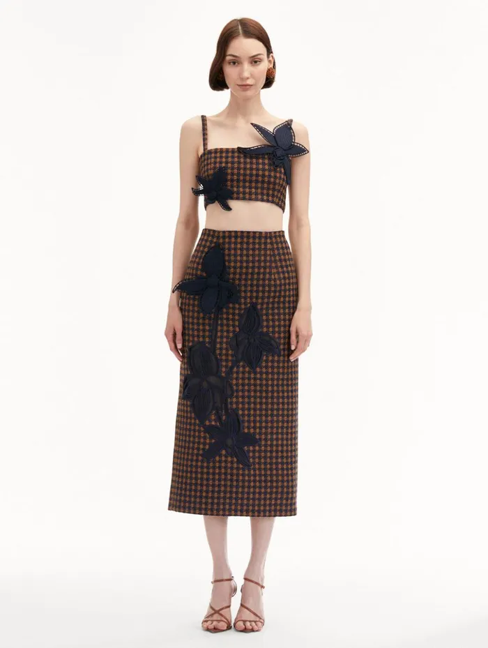Women Blouses and Knits Oscar De La Renta Check Tweed Orchid Embroidered Top Cognac Navy Women Blouses and Knits Oscar De La Renta Check Tweed Orchid Embroidered Top Cognac Navy