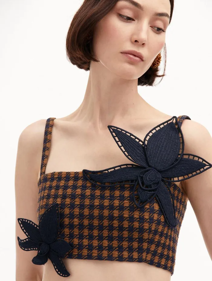 Women Blouses and Knits Oscar De La Renta Check Tweed Orchid Embroidered Top Cognac Navy Women Blouses and Knits Oscar De La Renta Check Tweed Orchid Embroidered Top Cognac Navy