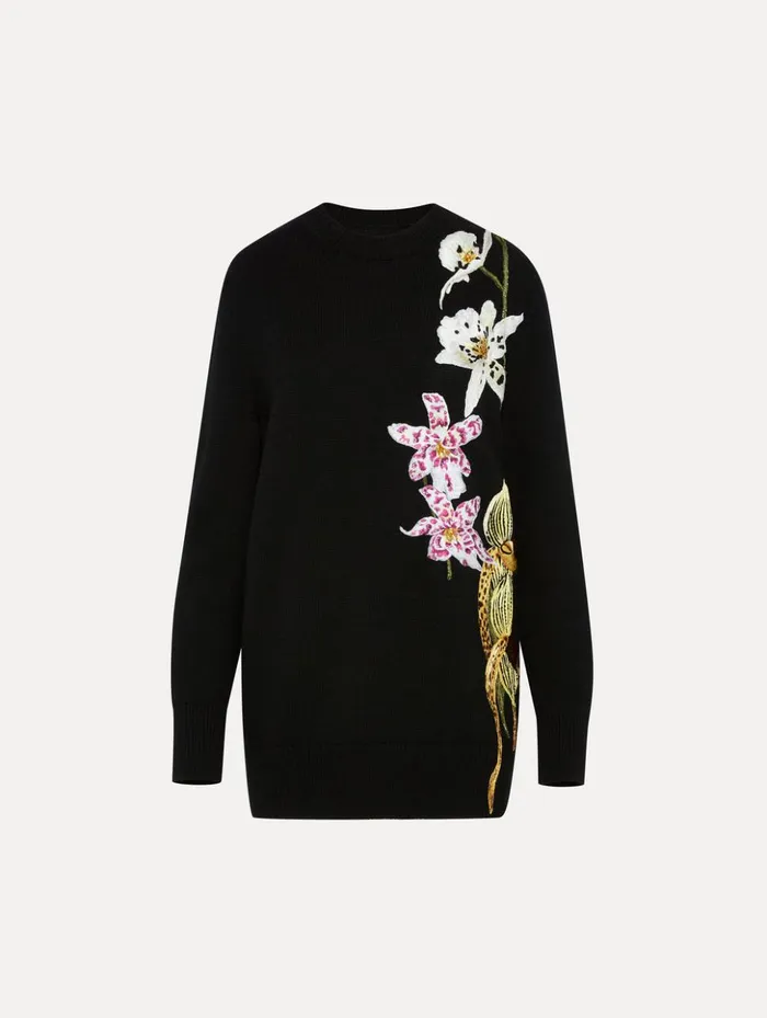 Women Blouses and Knits Oscar De La Renta Orchid Crochet Pullover Black Multi