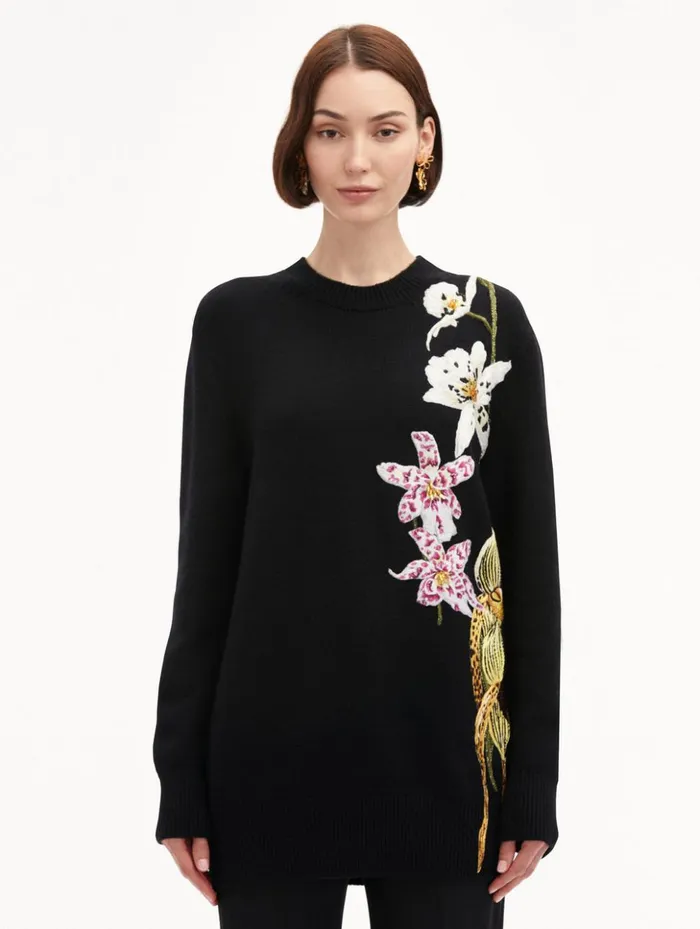 Women Blouses and Knits Oscar De La Renta Orchid Crochet Pullover Black Multi Women Blouses and Knits Oscar De La Renta Orchid Crochet Pullover Black Multi