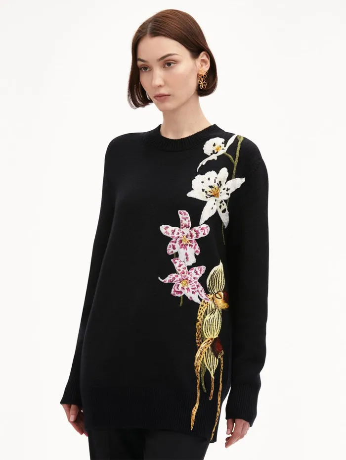 Women Blouses and Knits Oscar De La Renta Orchid Crochet Pullover Black Multi Women Blouses and Knits Oscar De La Renta Orchid Crochet Pullover Black Multi