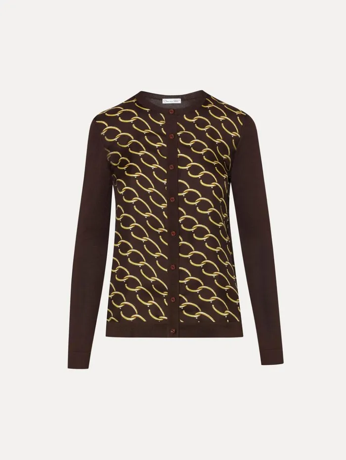 Women Blouses and Knits Oscar De La Renta Oscar ChainLink Inset Cardigan Cafe Gold