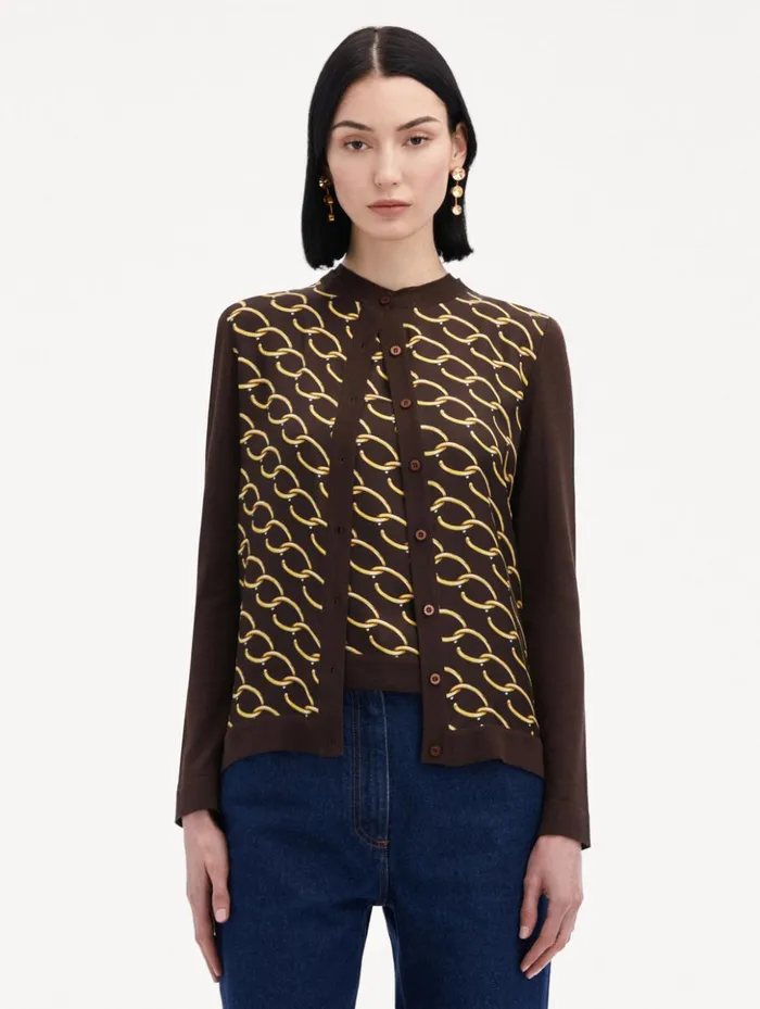 Women Blouses and Knits Oscar De La Renta Oscar ChainLink Inset Cardigan Cafe Gold Women Blouses and Knits Oscar De La Renta Oscar ChainLink Inset Cardigan Cafe Gold