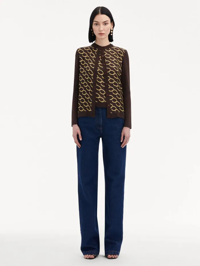 Women Blouses and Knits Oscar De La Renta Oscar ChainLink Inset Cardigan Cafe Gold Women Blouses and Knits Oscar De La Renta Oscar ChainLink Inset Cardigan Cafe Gold