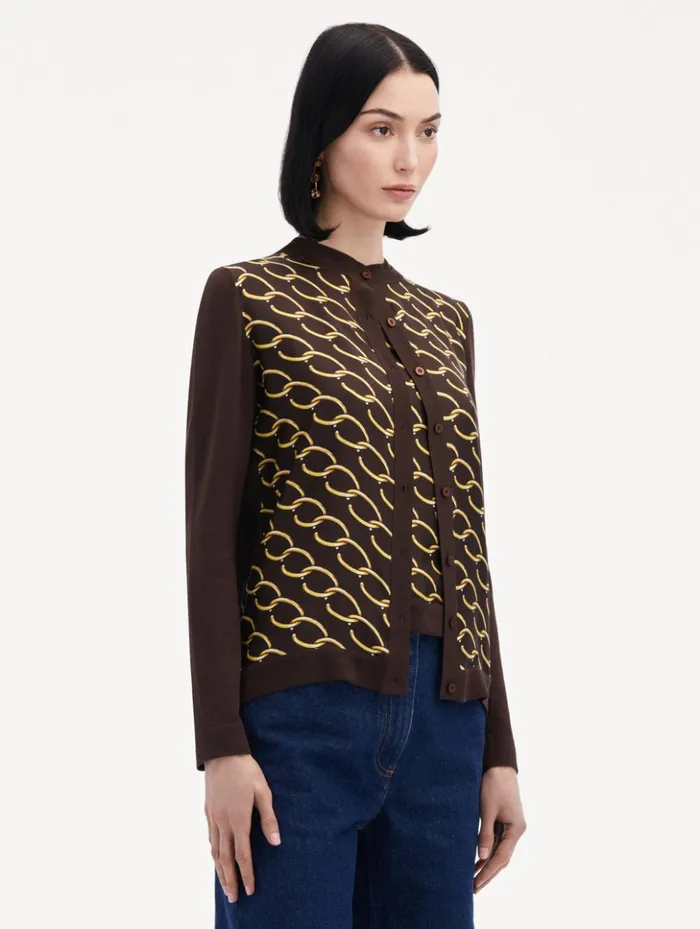 Women Blouses and Knits Oscar De La Renta Oscar ChainLink Inset Cardigan Cafe Gold Women Blouses and Knits Oscar De La Renta Oscar ChainLink Inset Cardigan Cafe Gold