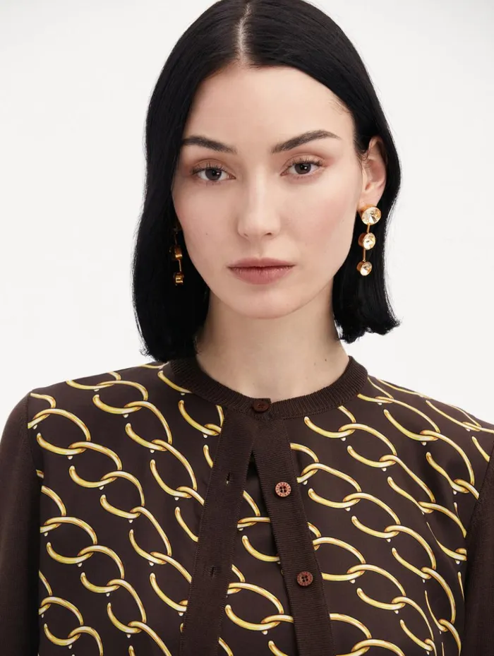 Women Blouses and Knits Oscar De La Renta Oscar ChainLink Inset Cardigan Cafe Gold Women Blouses and Knits Oscar De La Renta Oscar ChainLink Inset Cardigan Cafe Gold