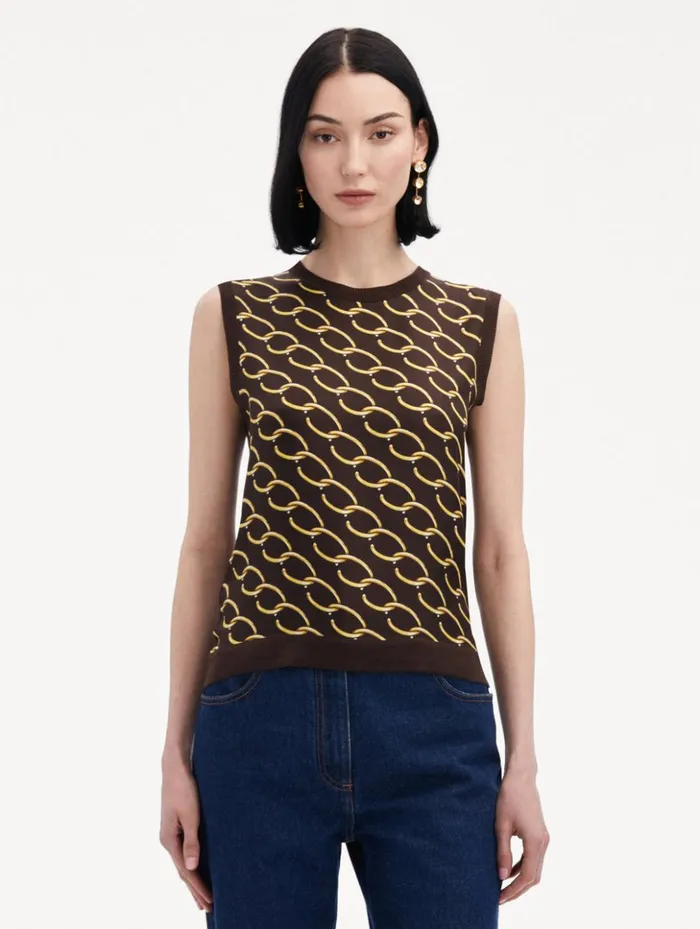 Women Blouses and Knits Oscar De La Renta Oscar ChainLink Inset Tank Cafe Gold Women Blouses and Knits Oscar De La Renta Oscar ChainLink Inset Tank Cafe Gold