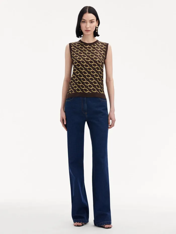 Women Blouses and Knits Oscar De La Renta Oscar ChainLink Inset Tank Cafe Gold Women Blouses and Knits Oscar De La Renta Oscar ChainLink Inset Tank Cafe Gold