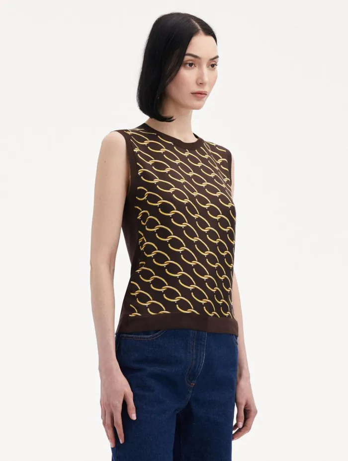Women Blouses and Knits Oscar De La Renta Oscar ChainLink Inset Tank Cafe Gold Women Blouses and Knits Oscar De La Renta Oscar ChainLink Inset Tank Cafe Gold