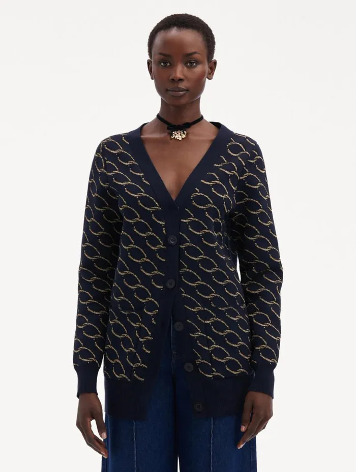 Women Blouses and Knits Oscar De La Renta Oscar ChainLink Long Cardigan Navygold Women Blouses and Knits Oscar De La Renta Oscar ChainLink Long Cardigan Navygold