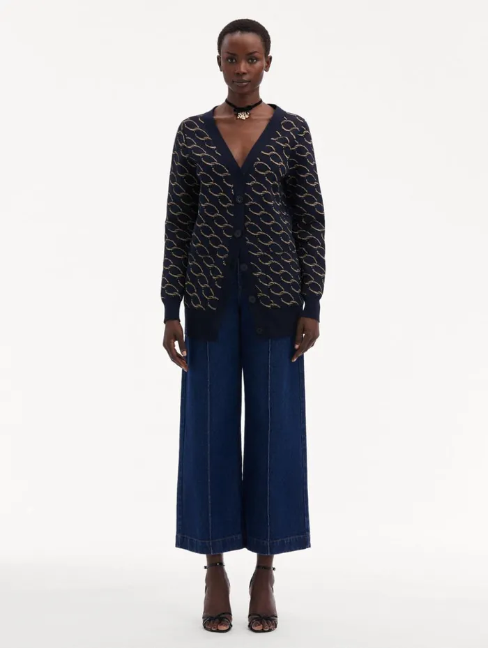 Women Blouses and Knits Oscar De La Renta Oscar ChainLink Long Cardigan Navygold Women Blouses and Knits Oscar De La Renta Oscar ChainLink Long Cardigan Navygold