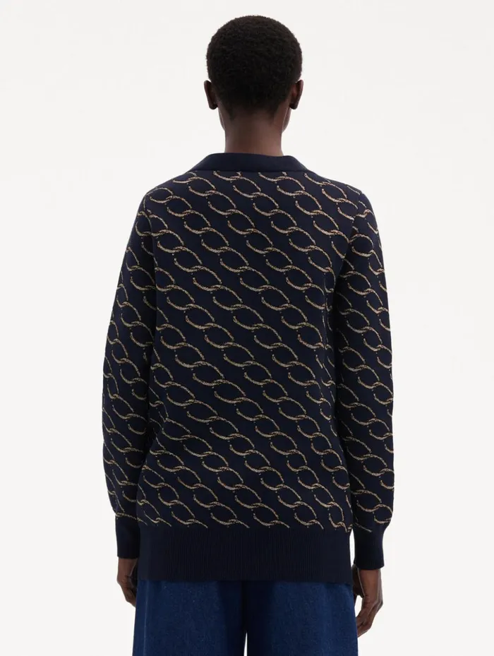 Women Blouses and Knits Oscar De La Renta Oscar ChainLink Long Cardigan Navygold Women Blouses and Knits Oscar De La Renta Oscar ChainLink Long Cardigan Navygold
