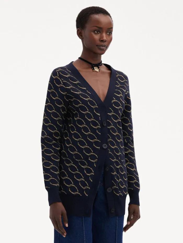 Women Blouses and Knits Oscar De La Renta Oscar ChainLink Long Cardigan Navygold Women Blouses and Knits Oscar De La Renta Oscar ChainLink Long Cardigan Navygold