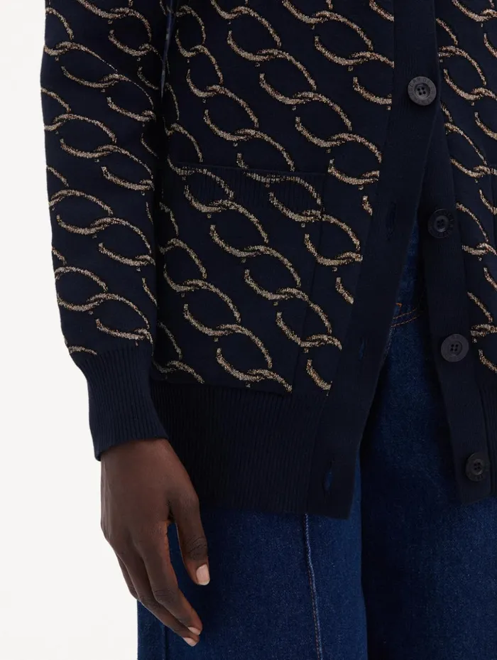 Women Blouses and Knits Oscar De La Renta Oscar ChainLink Long Cardigan Navygold Women Blouses and Knits Oscar De La Renta Oscar ChainLink Long Cardigan Navygold