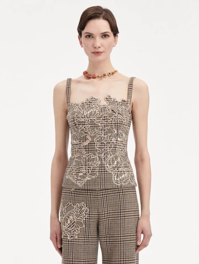Women Blouses and Knits Oscar De La Renta Peony Guipure Appliqu Plaid Tank Cocoa Multi Women Blouses and Knits Oscar De La Renta Peony Guipure Appliqu Plaid Tank Cocoa Multi
