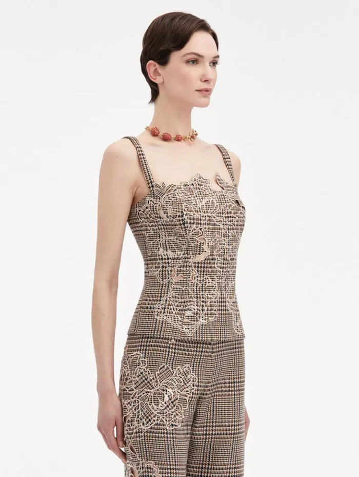 Women Blouses and Knits Oscar De La Renta Peony Guipure Appliqu Plaid Tank Cocoa Multi Women Blouses and Knits Oscar De La Renta Peony Guipure Appliqu Plaid Tank Cocoa Multi