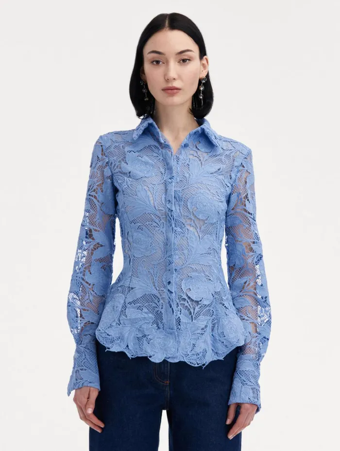 Women Blouses and Knits Oscar De La Renta Poppy Guipure Lace Blouse Flax