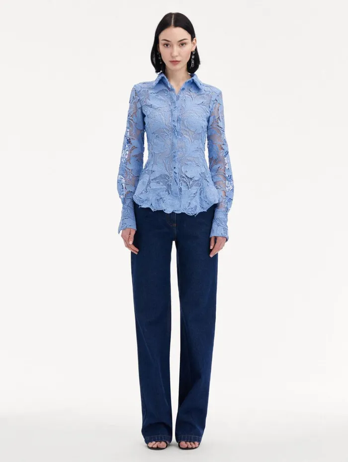 Women Blouses and Knits Oscar De La Renta Poppy Guipure Lace Blouse Flax