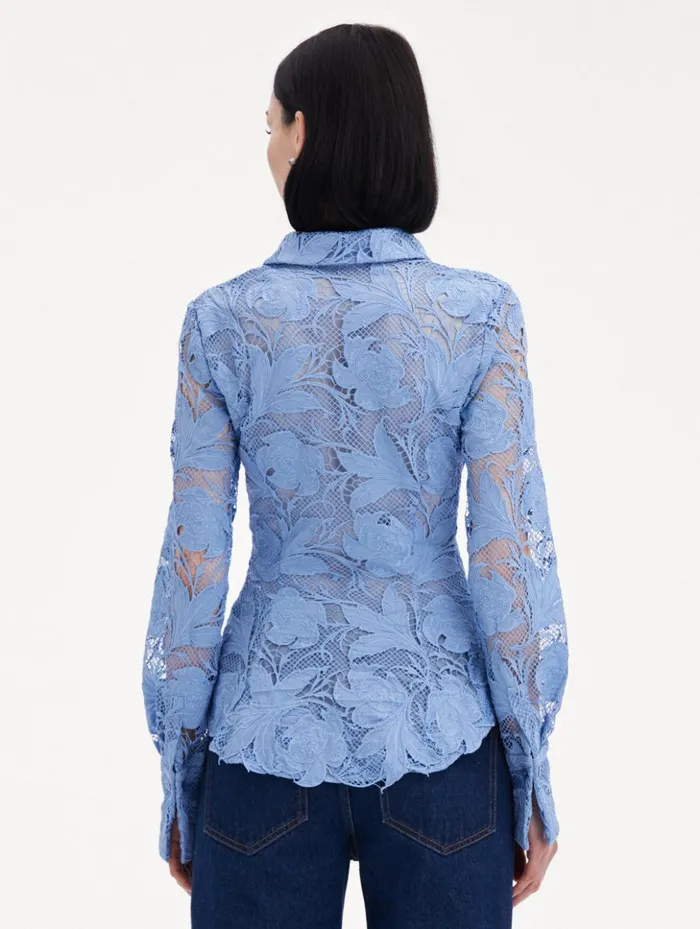 Women Blouses and Knits Oscar De La Renta Poppy Guipure Lace Blouse Flax