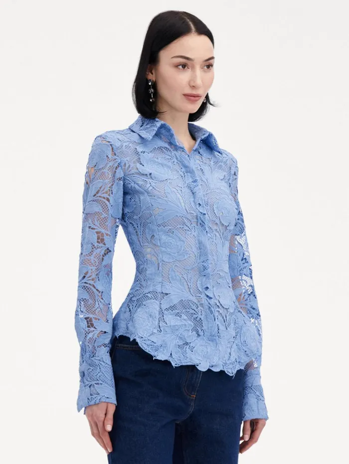 Women Blouses and Knits Oscar De La Renta Poppy Guipure Lace Blouse Flax