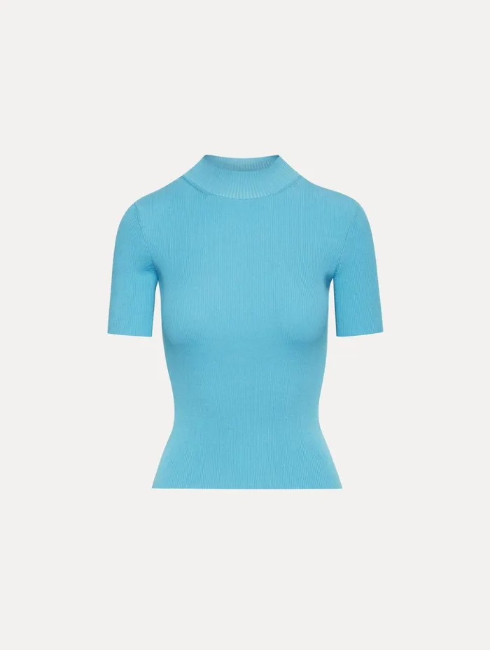 Women Blouses and Knits Oscar De La Renta Short Sleeve Mock Neck Ribbed Pullover Pastel Blue