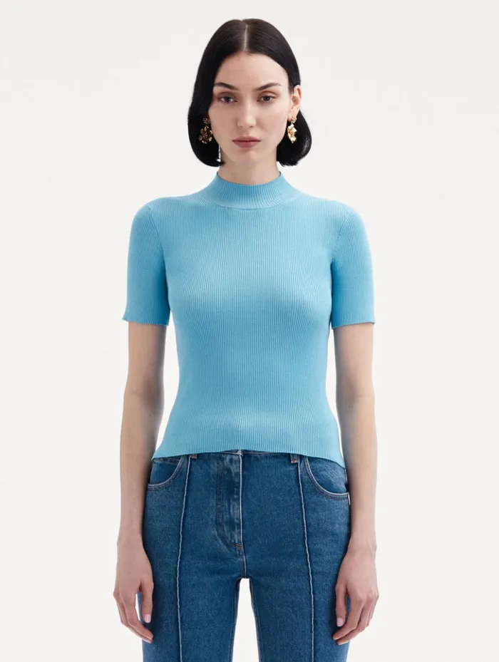 Women Blouses and Knits Oscar De La Renta Short Sleeve Mock Neck Ribbed Pullover Pastel Blue Women Blouses and Knits Oscar De La Renta Short Sleeve Mock Neck Ribbed Pullover Pastel Blue