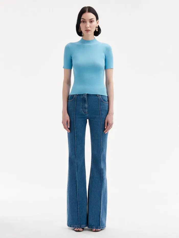 Women Blouses and Knits Oscar De La Renta Short Sleeve Mock Neck Ribbed Pullover Pastel Blue Women Blouses and Knits Oscar De La Renta Short Sleeve Mock Neck Ribbed Pullover Pastel Blue