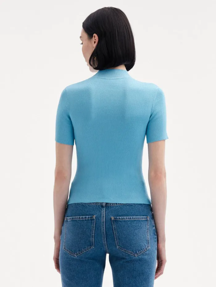 Women Blouses and Knits Oscar De La Renta Short Sleeve Mock Neck Ribbed Pullover Pastel Blue Women Blouses and Knits Oscar De La Renta Short Sleeve Mock Neck Ribbed Pullover Pastel Blue