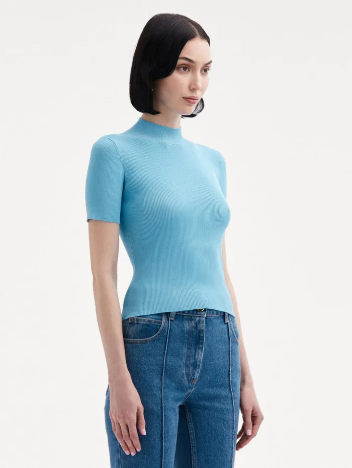 Women Blouses and Knits Oscar De La Renta Short Sleeve Mock Neck Ribbed Pullover Pastel Blue Women Blouses and Knits Oscar De La Renta Short Sleeve Mock Neck Ribbed Pullover Pastel Blue