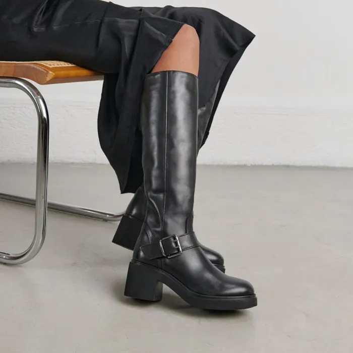 Women Boots With Thick Soles And Side Buckles Black JONAK Boots Thighhigh Boots