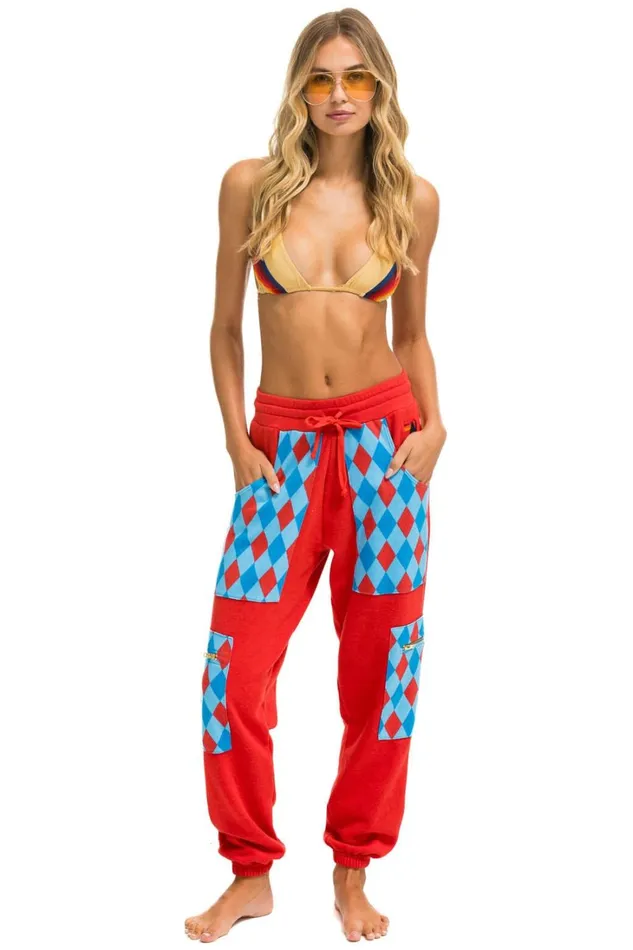Women Bottoms Aviator Nation DIAMOND SMILEY 2 EMBROIDERY CARGO COLOR BLOCK SWEATPANTS 8211 RED SKY
