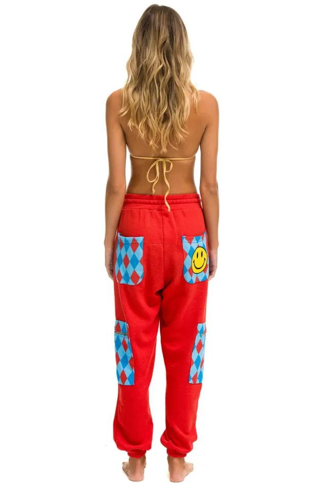 Women Bottoms Aviator Nation DIAMOND SMILEY 2 EMBROIDERY CARGO COLOR BLOCK SWEATPANTS 8211 RED SKY Women Bottoms Aviator Nation DIAMOND SMILEY 2 EMBROIDERY CARGO COLOR BLOCK SWEATPANTS 8211 RED SKY