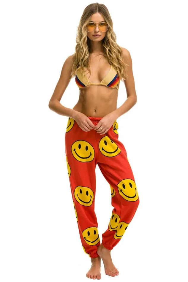 Women Bottoms Aviator Nation SMILEY REPEAT SWEATPANTS 8211 RED
