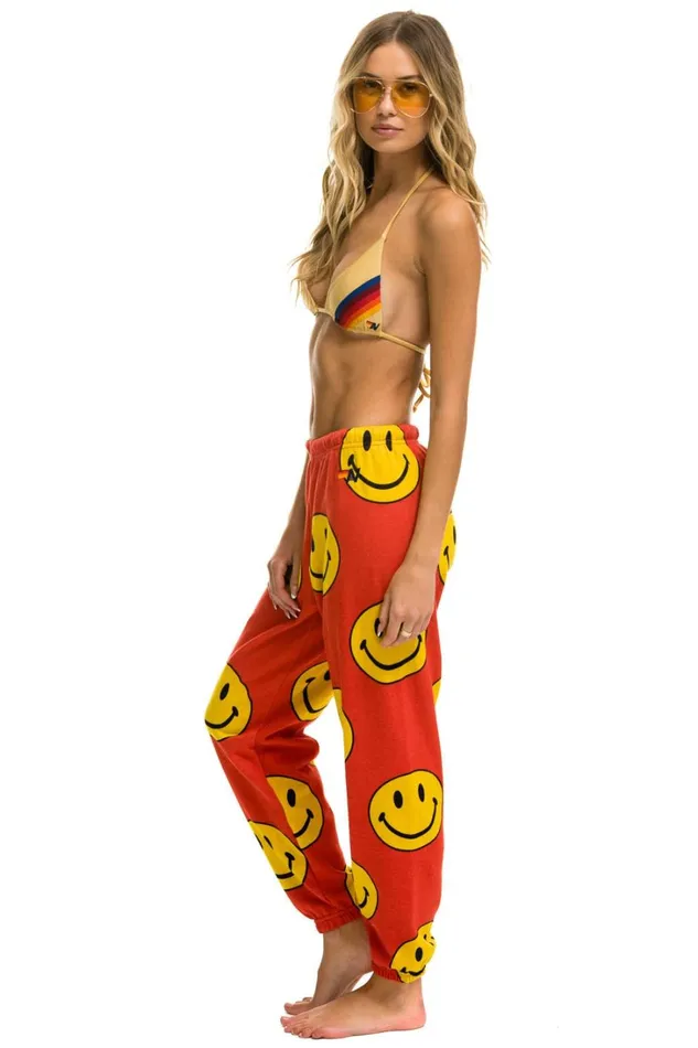 Women Bottoms Aviator Nation SMILEY REPEAT SWEATPANTS 8211 RED Women Bottoms Aviator Nation SMILEY REPEAT SWEATPANTS 8211 RED