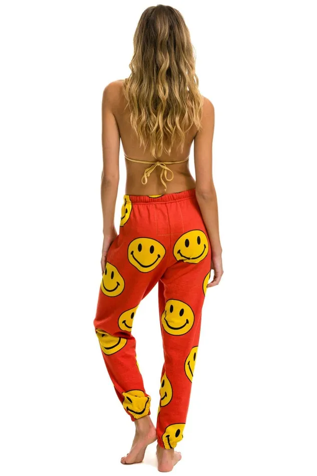 Women Bottoms Aviator Nation SMILEY REPEAT SWEATPANTS 8211 RED Women Bottoms Aviator Nation SMILEY REPEAT SWEATPANTS 8211 RED